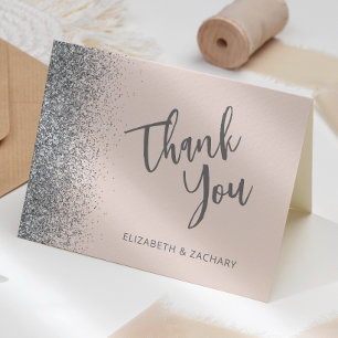 Blush roze zilveren glitter bruiloft dank u kaart