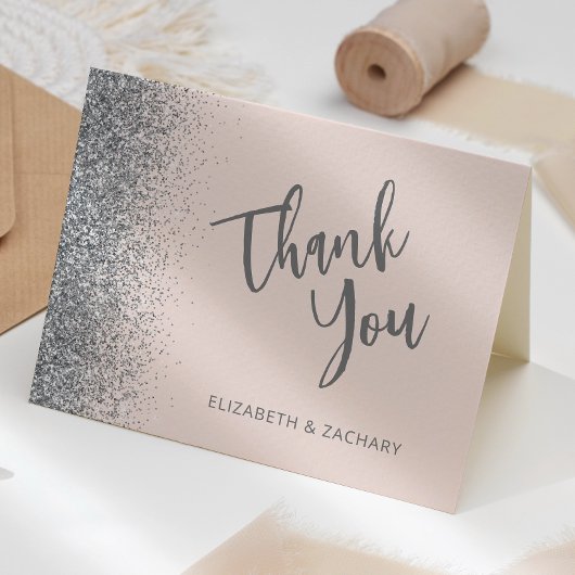 Blush roze zilveren glitter bruiloft dank u kaart