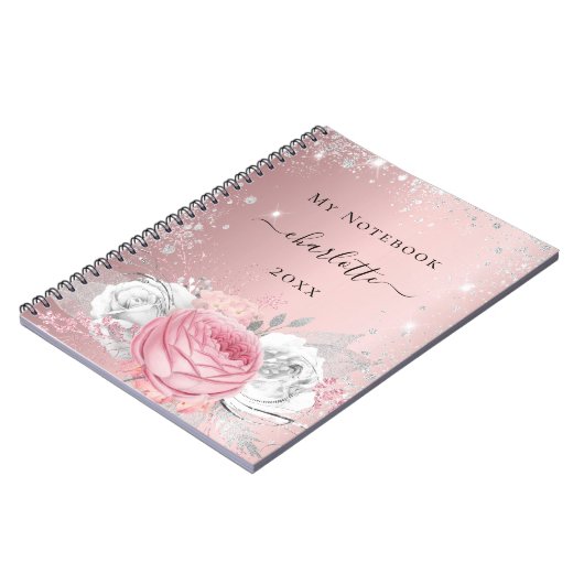 Blush roze zilveren glitter-stofnaamscript notitieboek (Linkerzijde)