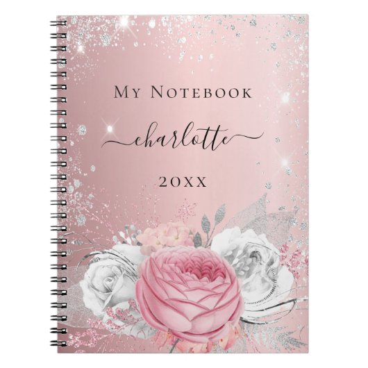 Blush roze zilveren glitter-stofnaamscript notitieboek (Voorkant)