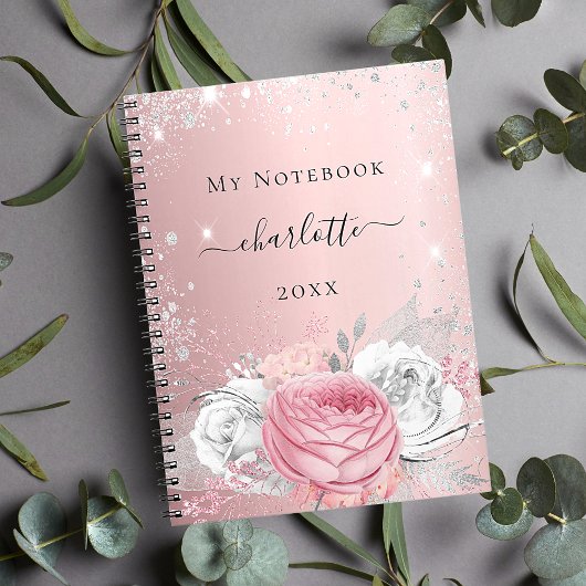 Blush roze zilveren glitter-stofnaamscript notitieboek