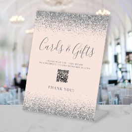 Blush Roze Zilveren Trouwkaarten Geschenken QR Cod Reclamebord Met Voetstuk