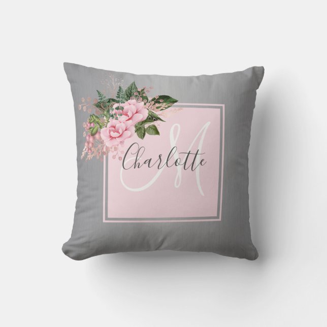 Blush roze zilverflorale monogram met kussen (Voorkant)