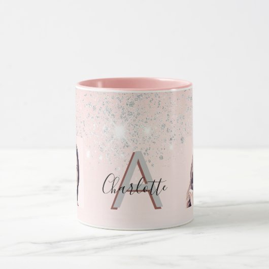 Blush roze zilverglitter fotomonogram mok (Midden)