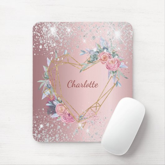 Blush roze zilverglitter monogram elegant muismat (Met muis)