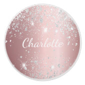 Blush roze zilverglitter monogram roze stof keramische knop (Voorkant)