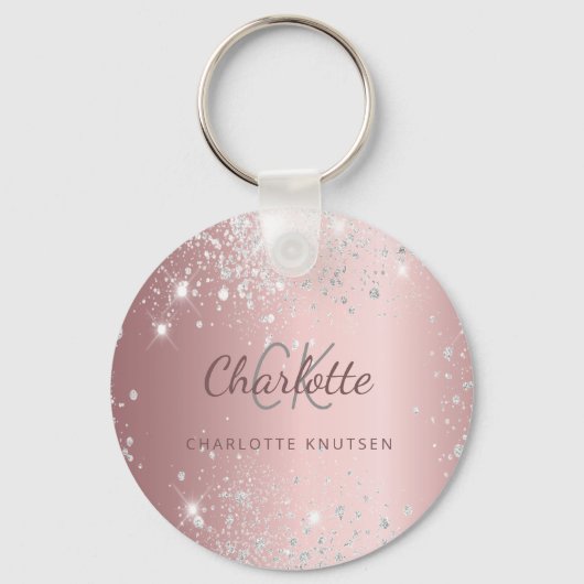 Blush roze zilverglitterstofmonogram sleutelhanger (Voorkant)