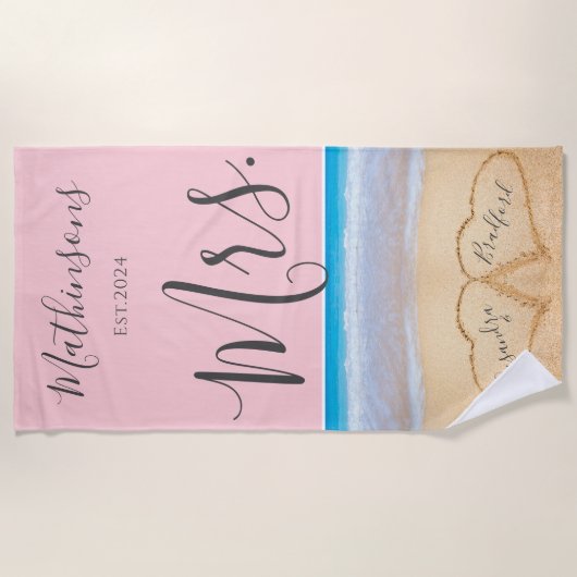 Blush Roze Zonsondergang Strand Bruiloft 2 Hart Strandlaken (Voorkant)