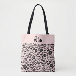 Blush roze, zwart bloemmotief monogram tote bag