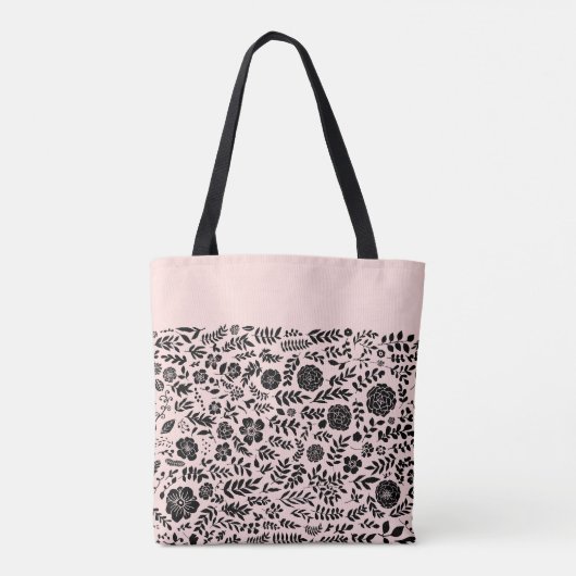 Blush roze, zwart bloemmotief monogram tote bag (Achterkant)