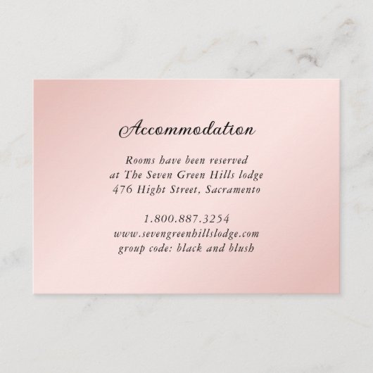 Blush Roze Zwart Bruiloft Details Accommodatie Informatiekaartje (Voorkant)