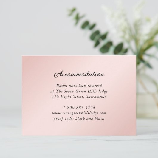 Blush Roze Zwart Bruiloft Details Accommodatie Informatiekaartje (Staand voorkant)