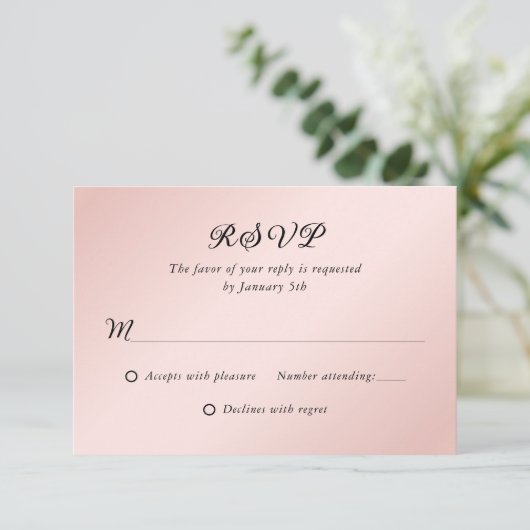 Blush Roze Zwart Elegant Minimalistische Bruiloft  RSVP Kaartje (Staand voorkant)