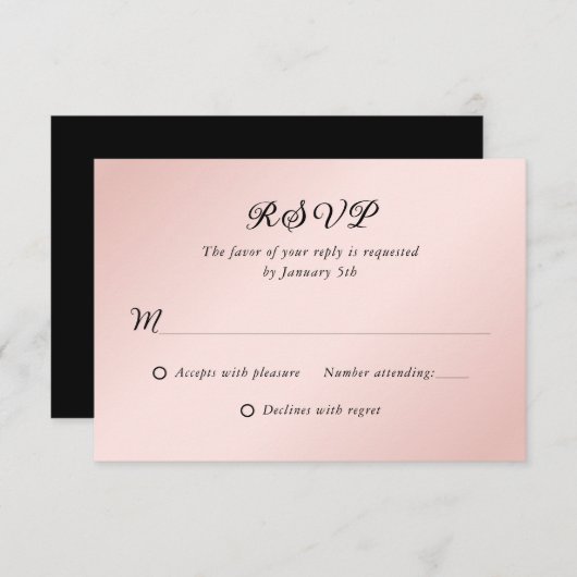 Blush Roze Zwart Elegant Minimalistische Bruiloft  RSVP Kaartje (Voorkant / Achterkant)