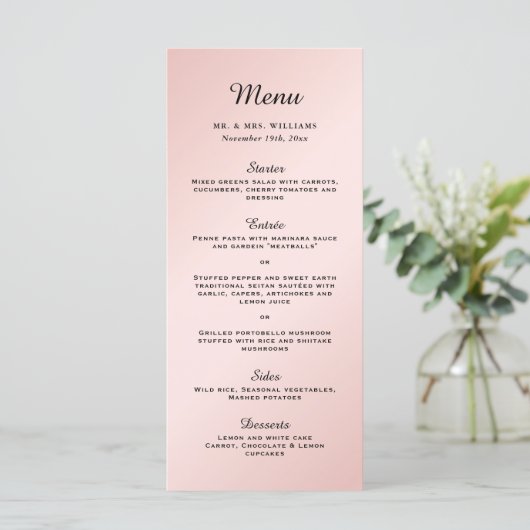 Blush Roze Zwart Elegant Modern Bruiloft Menu (Staand voorkant)