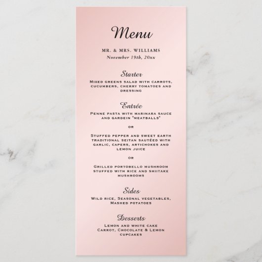Blush Roze Zwart Elegant Modern Bruiloft Menu (Voorkant)