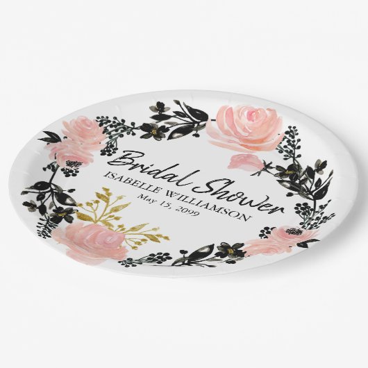 Blush Roze, Zwart en Goud Bloemen Vrijgezellenfees Papieren Bordje (Gekanteld)