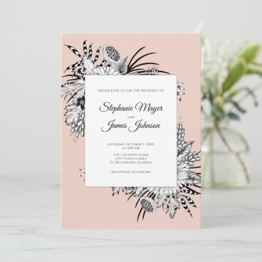 Blush Roze Zwart en Wit Bloemen Bruiloft Kaart (Staand voorkant)