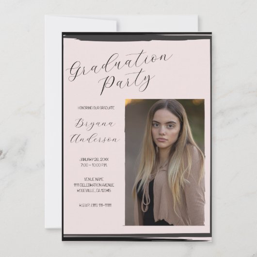 Blush Roze & Zwart Foto Trendy Graduation Party Kaart (Voorkant)