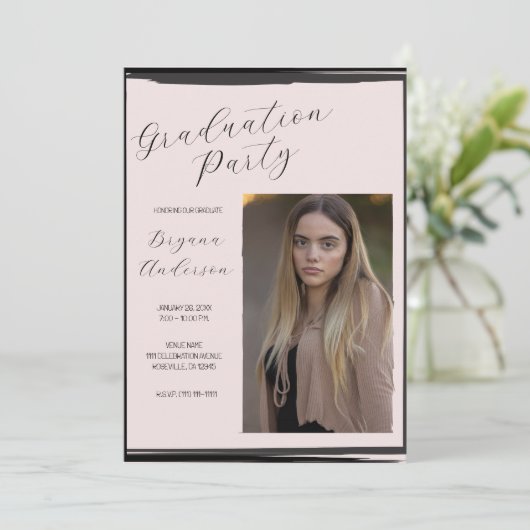 Blush Roze & Zwart Foto Trendy Graduation Party Kaart (Staand voorkant)