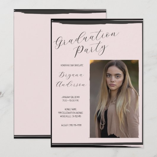 Blush Roze & Zwart Foto Trendy Graduation Party Kaart (Voorkant / Achterkant)