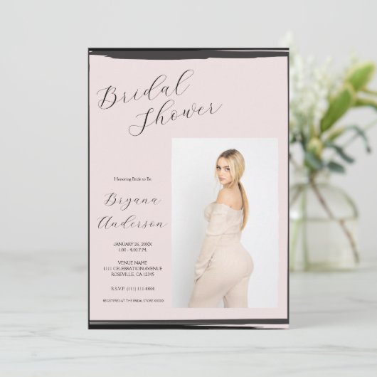 Blush Roze Zwart Foto Trendy Modern Vrijgezellenfe Kaart (Staand voorkant)