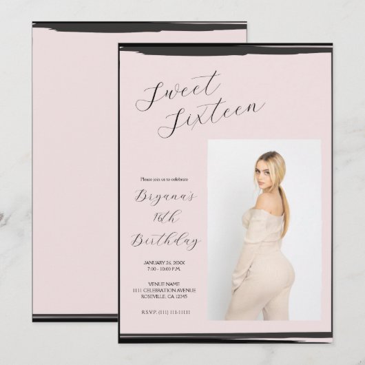 Blush Roze & Zwart Foto Trendy Modern Zoet 16 Kaart (Voorkant / Achterkant)