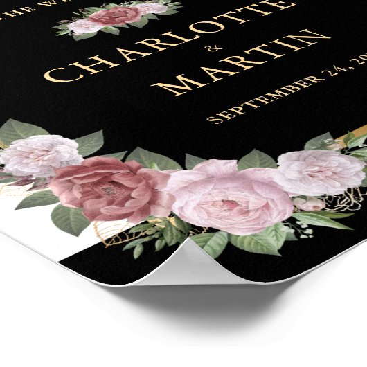 Blush Roze Zwart Goud Bloemen Huwelijk Welkom Teke Poster (Hoek)