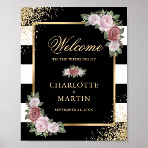 Blush Roze Zwart Goud Bloemen Huwelijk Welkom Teke Poster
