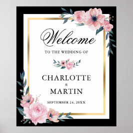Blush Roze Zwart Goud Bloemen Huwelijk Welkom Teke Poster
