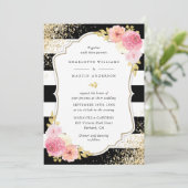 Blush Roze Zwart Goud Confetti Bloemen Huwelijk Kaart (Staand voorkant)