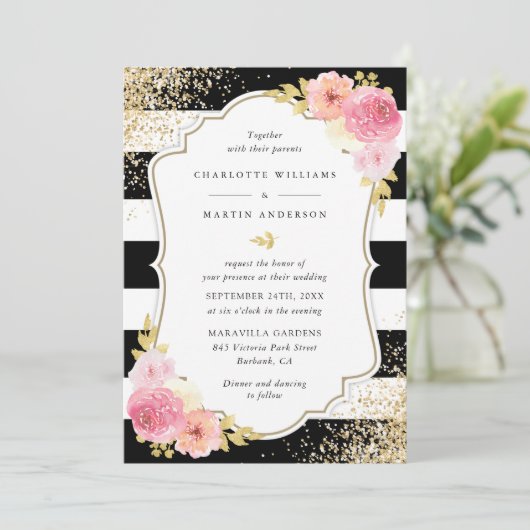 Blush Roze Zwart Goud Confetti Bloemen Huwelijk Kaart (Staand voorkant)