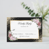 Blush Roze Zwart Goud Confetti Bloemen Huwelijk RSVP Kaartje (Staand voorkant)