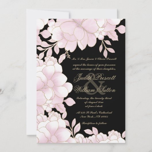 Blush roze zwart gouden folie elegante bloemenbrui kaart (Voorkant)