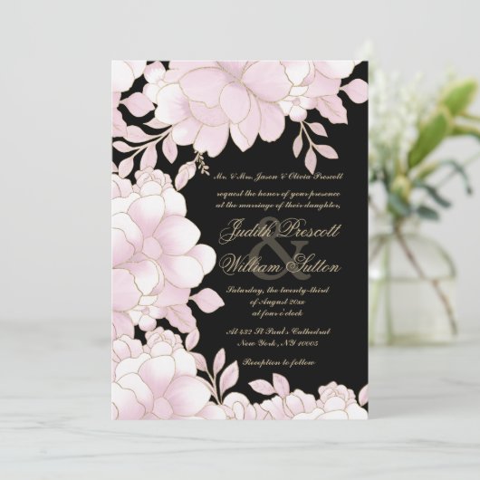 Blush roze zwart gouden folie elegante bloemenbrui kaart (Staand voorkant)