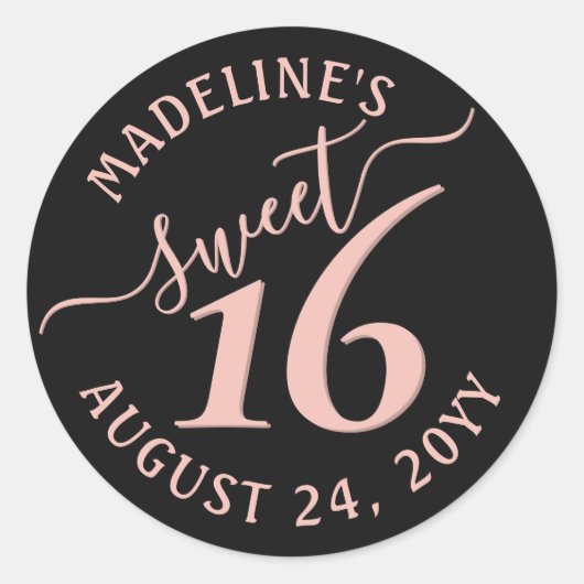 Blush Roze Zwart Lief 16e Verjaardagsfeestje Ronde Sticker (Voorkant)