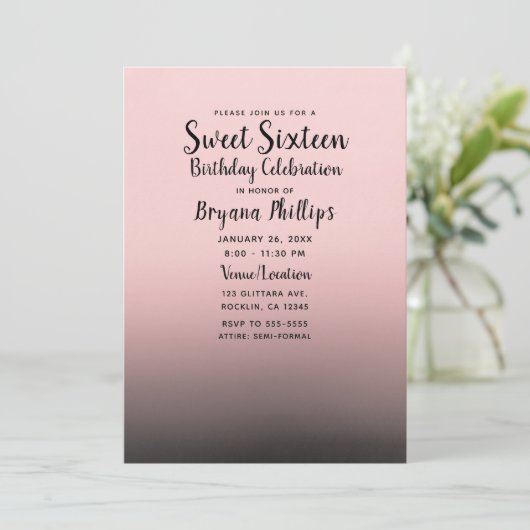 Blush Roze Zwart Ombre Modern Chique Sweet 16 Part Kaart (Staand voorkant)