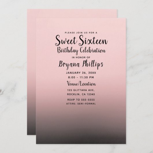 Blush Roze Zwart Ombre Modern Chique Sweet 16 Part Kaart (Voorkant / Achterkant)