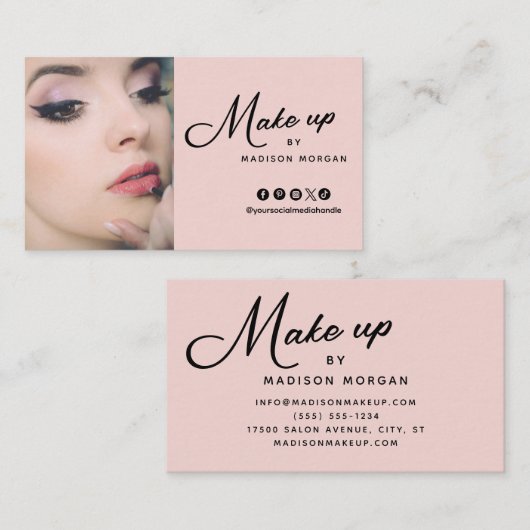 Blush Roze Zwart Retro Script Foto Make-up Visitekaartje (Voorkant / Achterkant)