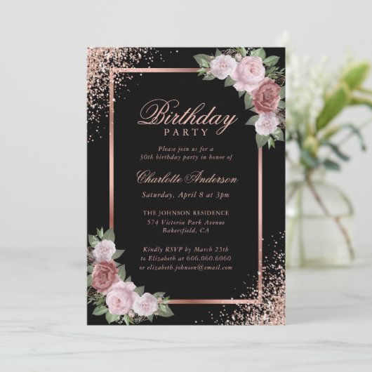 Blush Roze Zwart Roos Goud Bloemen Verjaardagsfees Kaart (Staand voorkant)