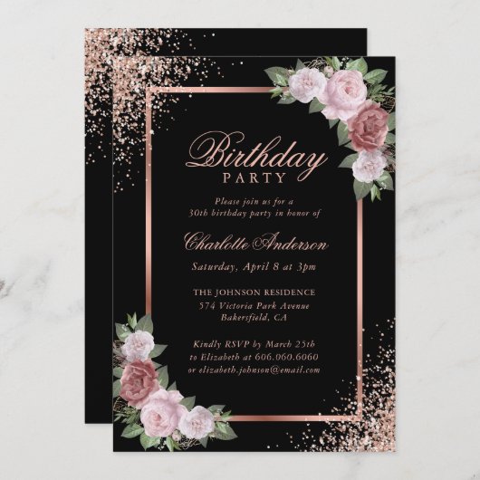 Blush Roze Zwart Roos Goud Bloemen Verjaardagsfees Kaart (Voorkant / Achterkant)