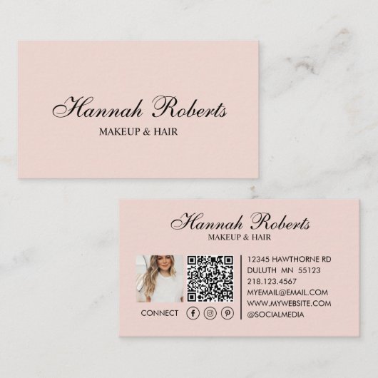 Blush Roze Zwart Script Sociale QR Code Haar Make- Visitekaartje (Voorkant / Achterkant)