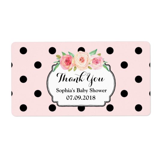 Blush Roze Zwart Stippen Bloemen Baby shower Label (Voorkant)
