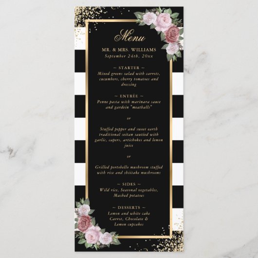 Blush Roze Zwart Wit Goud Bloemen Huwelijk Menu (Voorkant)