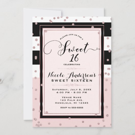Blush Roze Zwart Wit Roos Gold SWEET 16 Party Kaart (Voorkant)