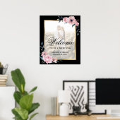Blush Roze Zwarte Bloemen Foto Huwelijk Welkom Tek Poster (Thuiskantoor)