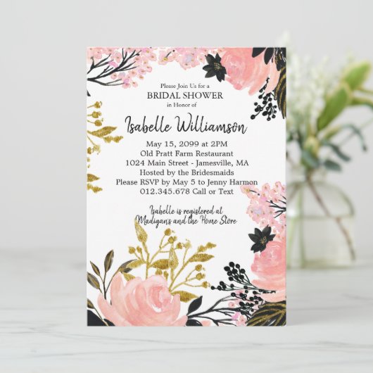 Blush roze, zwarte, Gold Bridal Shower-uitvindinge Kaart (Staand voorkant)