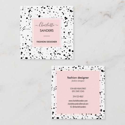 Blush roze zwarte inktsplatters vierkante visitekaartje (Voorkant / Achterkant)