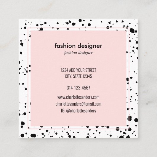 Blush roze zwarte inktsplatters vierkante visitekaartje (Achterkant)