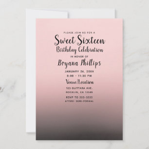 Blush Roze Zwarte Ombre Moderne Chique Sweet 16 Fe Kaart